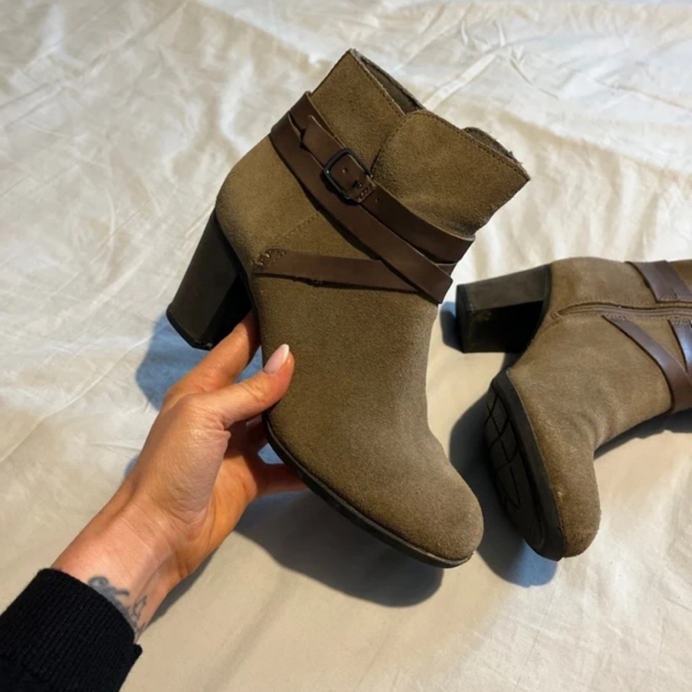 Clarks Tan Heeled Boots with Strap